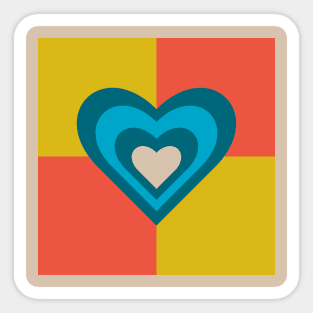 LOVE HEARTS CHECKERBOARD Retro Alt Valentines in Teal Blue Cream on Orange Yellow Geometric Grid - UnBlink Studio by Jackie Tahara Sticker